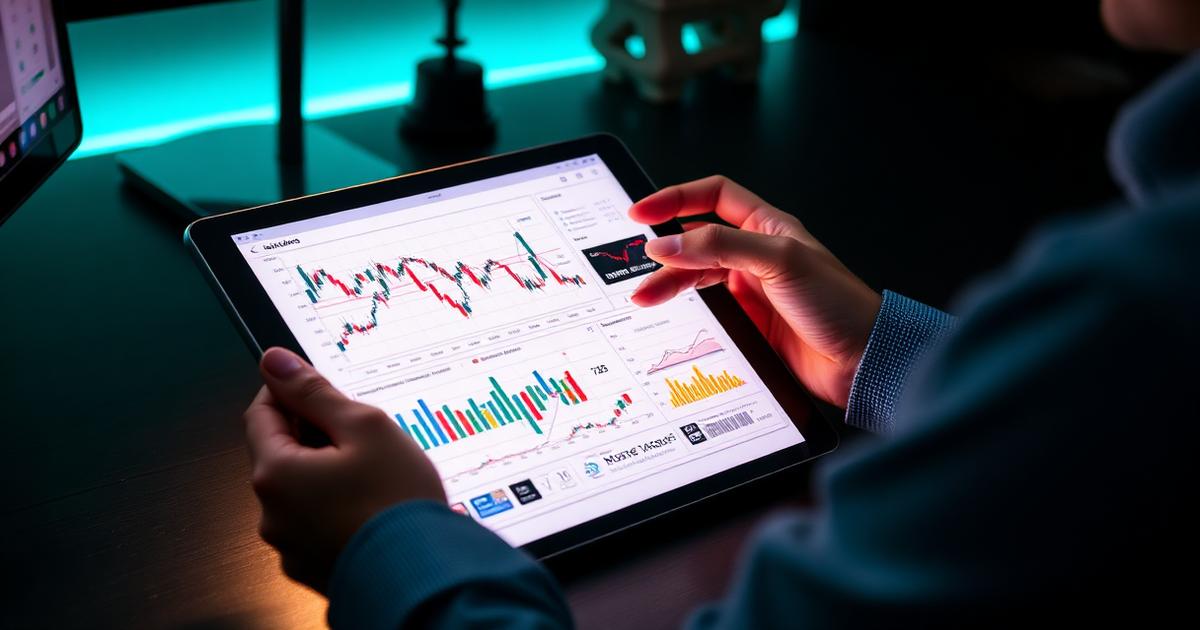 Trader studying candlestick charts on a tablet in a dark room with teal lighting